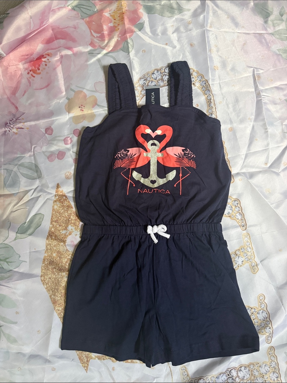 Nautica Navy Romper with Coral Flamingo & Gold Anchor